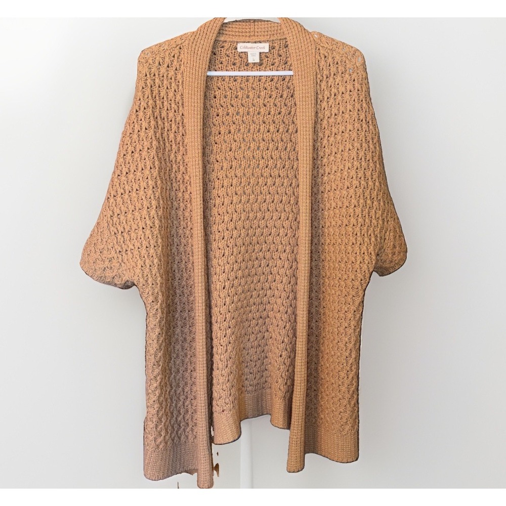 Wool Blend Woven Crochet Look Women's Open Front Short Sleeve Cardigan Size L